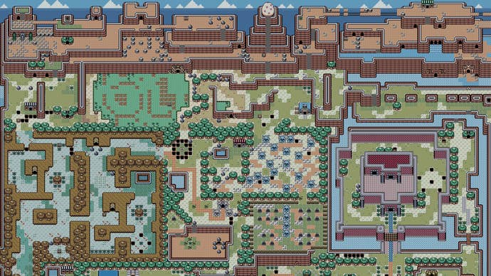 Part of the world map for The Legend of Zelda: Link’s Awakening, showing several grassy, forested and mountain areas with watercourses.