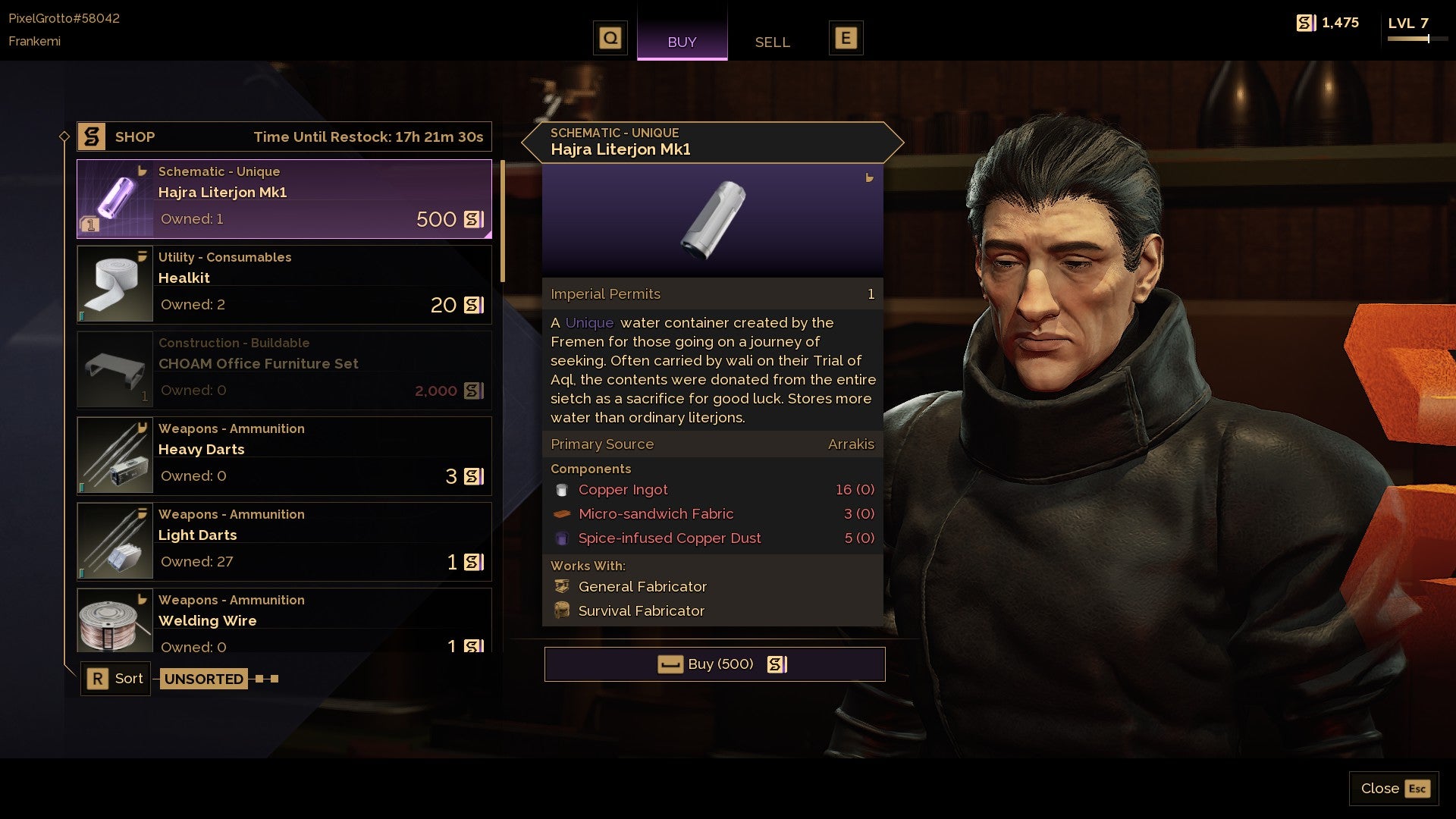 A merchant in Dune Awakening selling a Literjon - a flask capable of holding large amounts of water. - 7