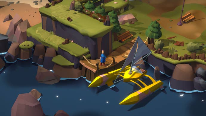 A Little Big Adventure - Twinsen’s Quest screenshot showing protagonist Twinsen’s standing on a short wooden jetty surrounded by rocks and trees, all viewed from an isometric perspective. A yellow boat bobs in the water nearby.