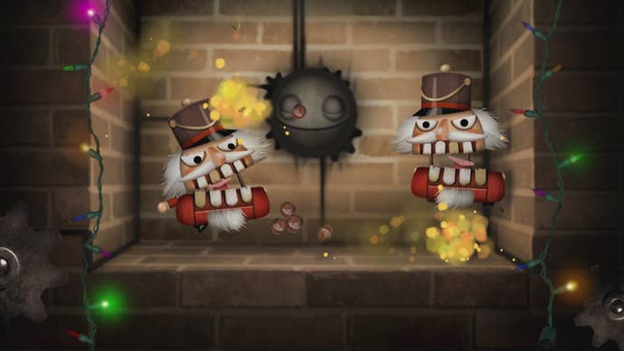 Two nutcrackers burn in a fireplace in Little Inferno’s Christmas DLC.