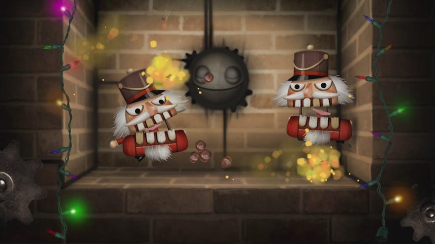 Two nutcrackers burn in a fireplace in Little Inferno’s Christmas DLC.