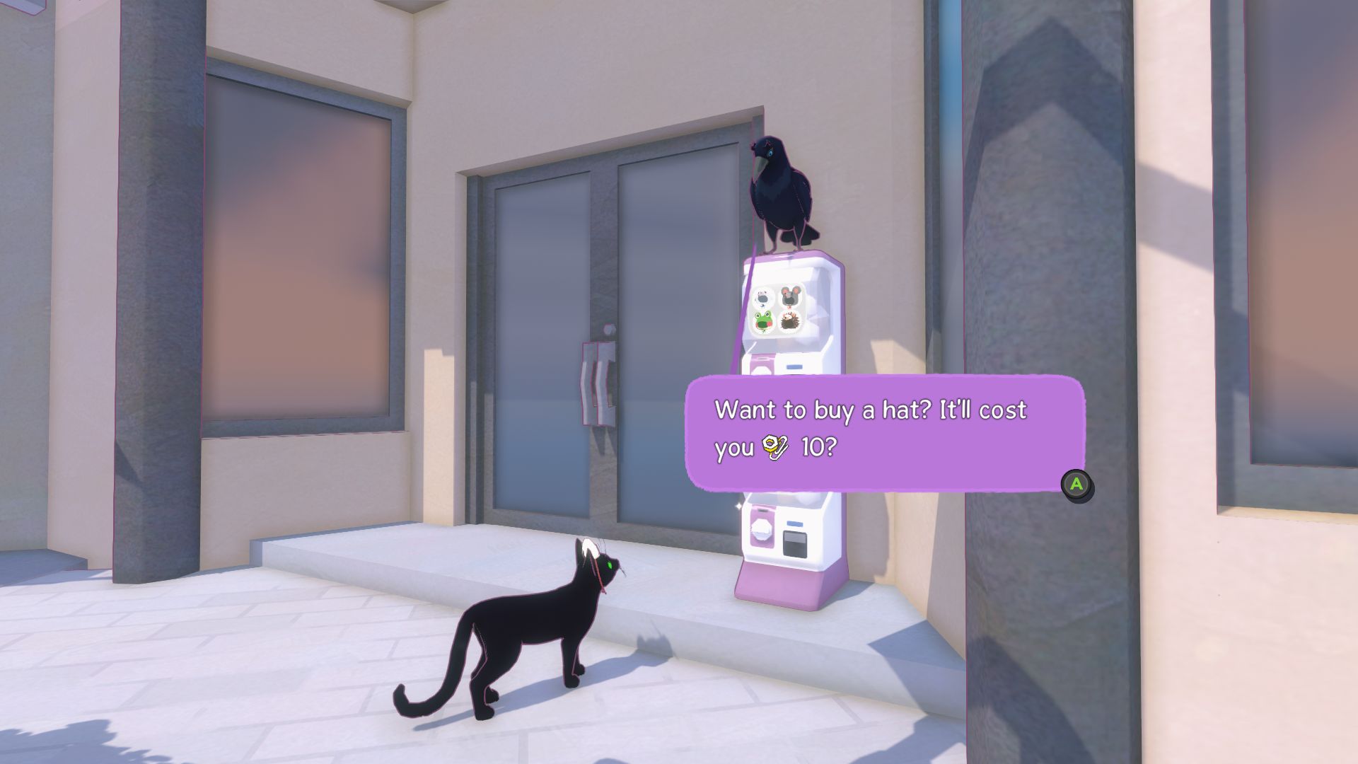 Buying hat's from the gacha machine run by a crow in Little Kity, Big City - 3