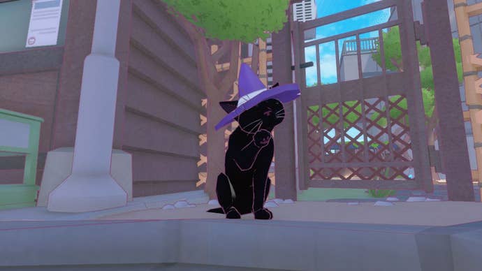 The cat in Little Kitty, Big City cleaning itself while wearing a small purple witch’s hat