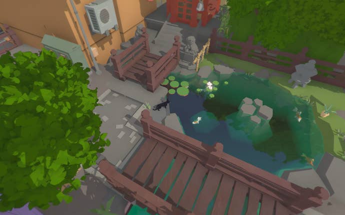 A screenshot of Little Kitty Big City showing a black cat peering into a fish pond.
