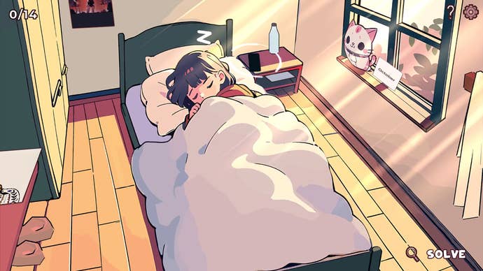 A girl sleeps in a bed with sun coming in through the curtains in Little Problems