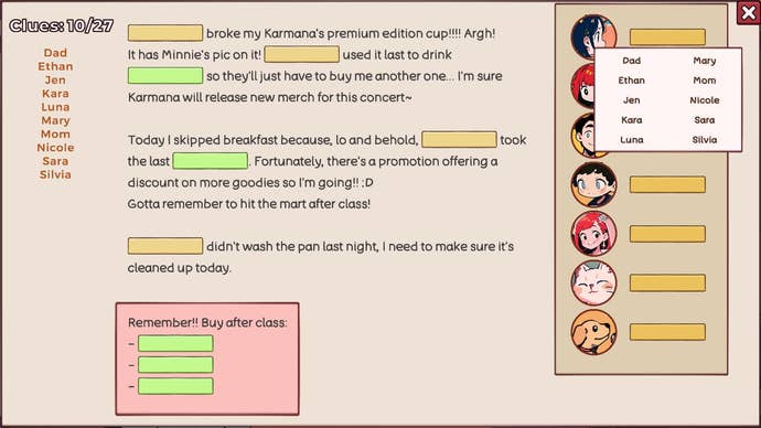 A clue board with lots of blank words in Little Problems