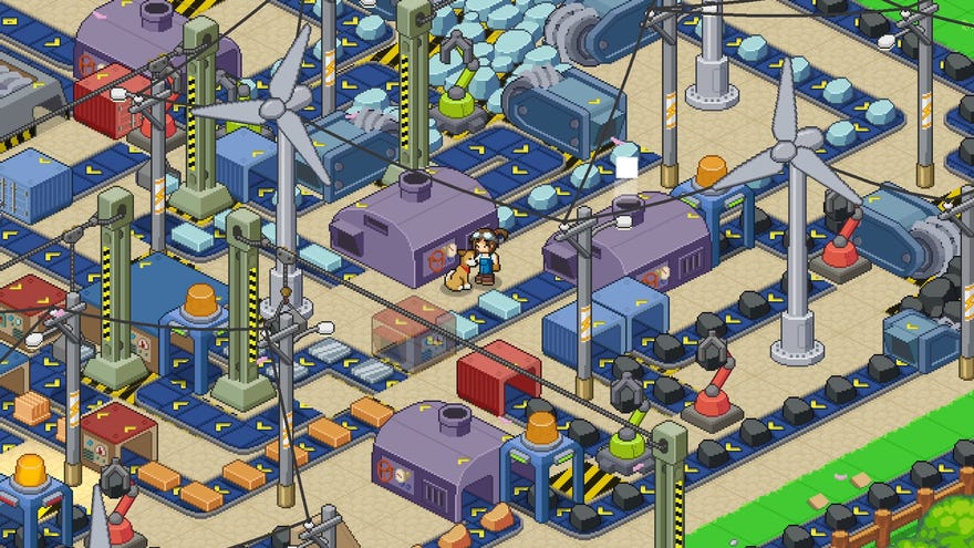 Morgan and her dog amid the web of conveyors in her factory in Little Rocket Lab.