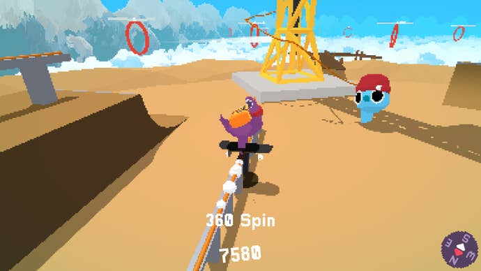 A purple pigeon grinds a rail in Little Wings Deliveries.