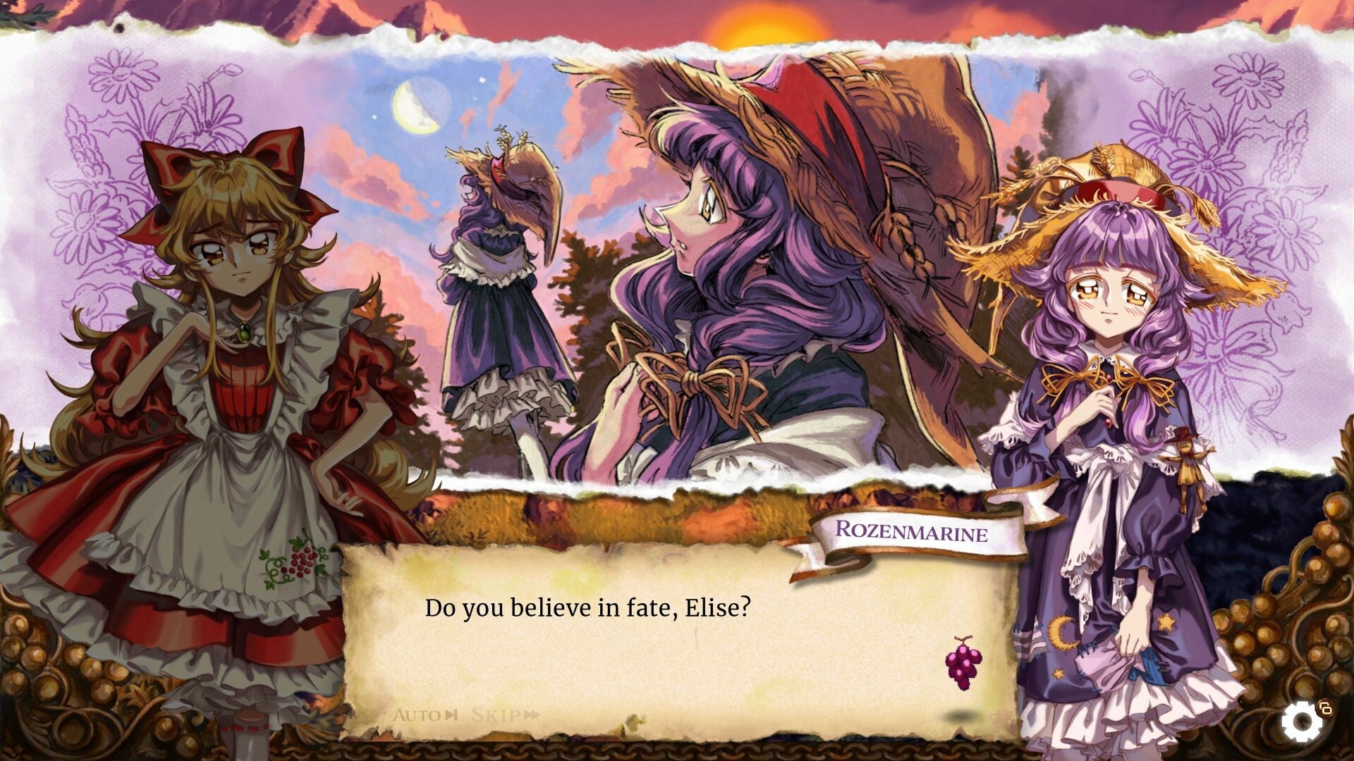 A screenshot from Little Goody Two Shows. It&rsquo;s a dialogue box plus character art moment, and the character art in question is of an anime girl called Elise, who is pretty with big eyes, and wears ornately frilly dresses.