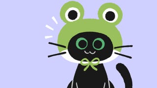 Simple and striking artwork for cat game Little Kitty, Big City, showing a 2D image of a cute, simplistic cat wearing a frog hat.