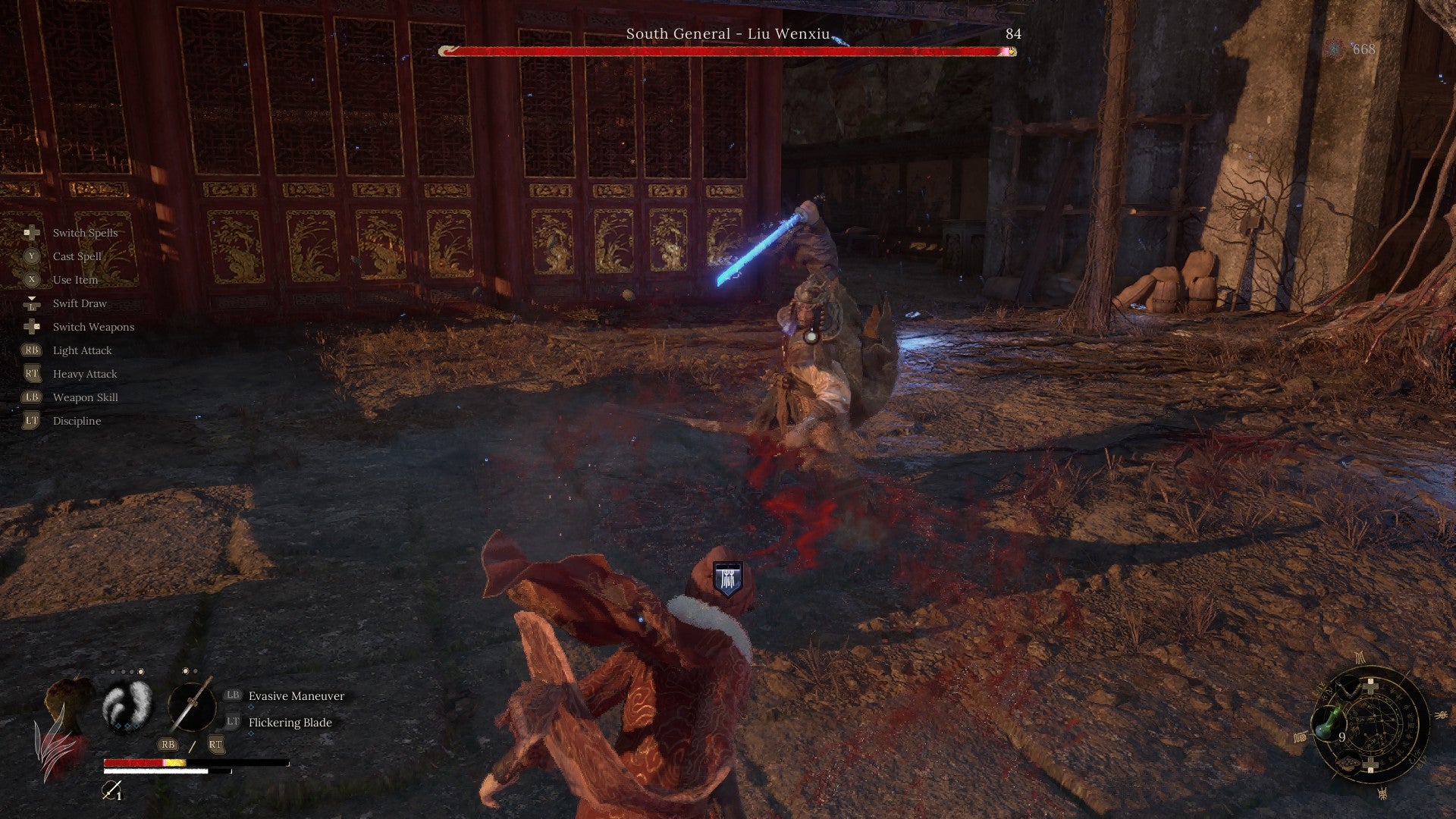 The boss Liu Wenxiu lunges at the player in Wuchang Fallen Feathers, wielding a lightning-infused blade. - 17