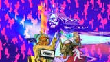 A chaotic montage image of Jeff Minter's head in sunglasses, llamas, audio cassettes, and a lurid pink and purple pixellated background