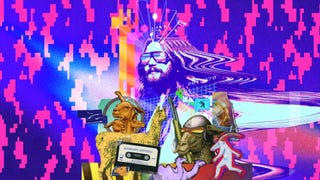 A chaotic montage image of Jeff Minter's head in sunglasses, llamas, audio cassettes, and a lurid pink and purple pixellated background