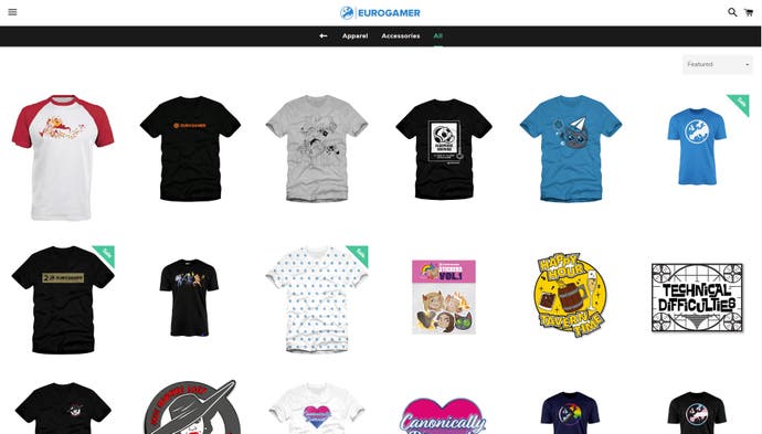 Lots of Eurogamer T-shirt designs lined up next to each other in a web store. There are no bodies in them.
