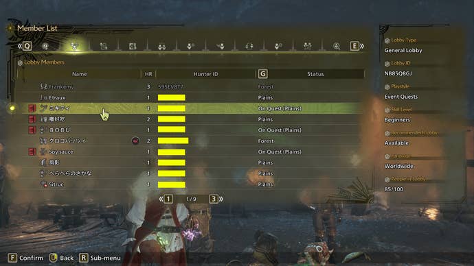 A list showing all players in a General Lobby in Monster Hunter Wilds.