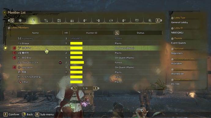 Una lista que muestra a todos los jugadores en un lobby general en Monster Hunter Wilds.