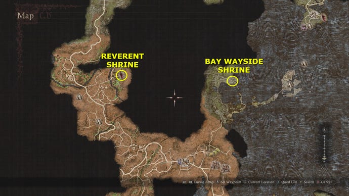The location of the Reverent Shrine and Bay Wayside Shrine in Dragon's Dogma 2.
