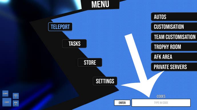 Arrow pointing at the menu screen used to redeem codes in the Roblox game Locked.