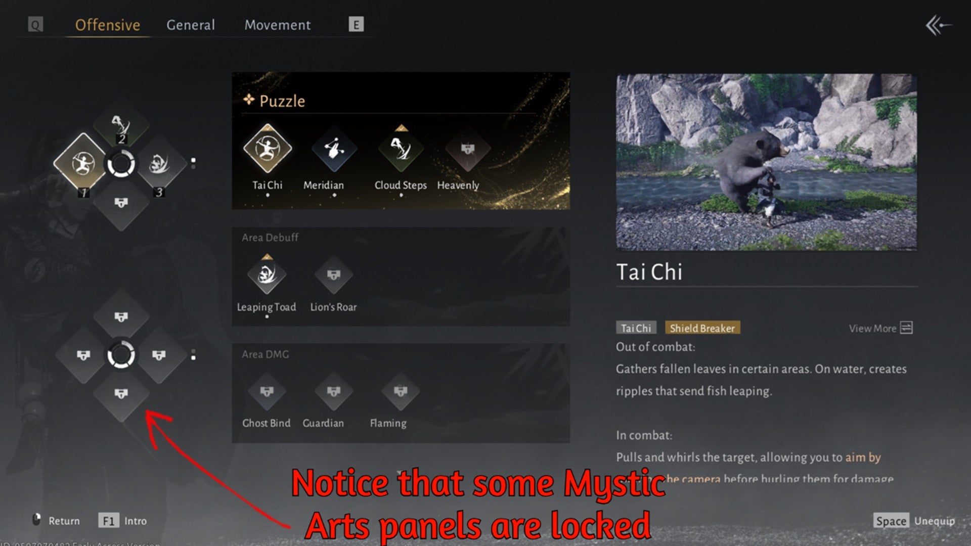 The Mystic Arts hotbar in Where Winds Meet. A red arrow highlights locked Mystic Arts Panels that the player doesn't have access to yet. - 6