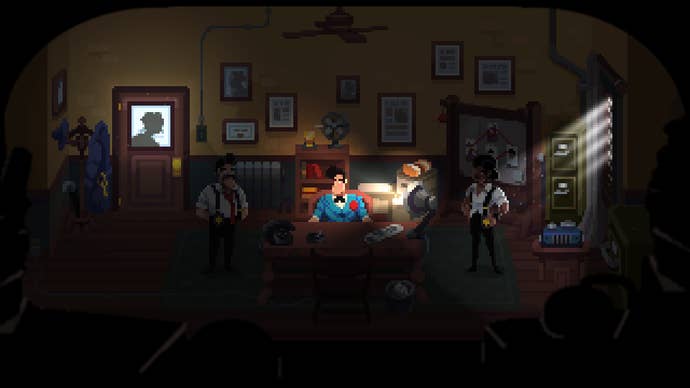 A man in a blue suit is interrogated by police in Loco Motive