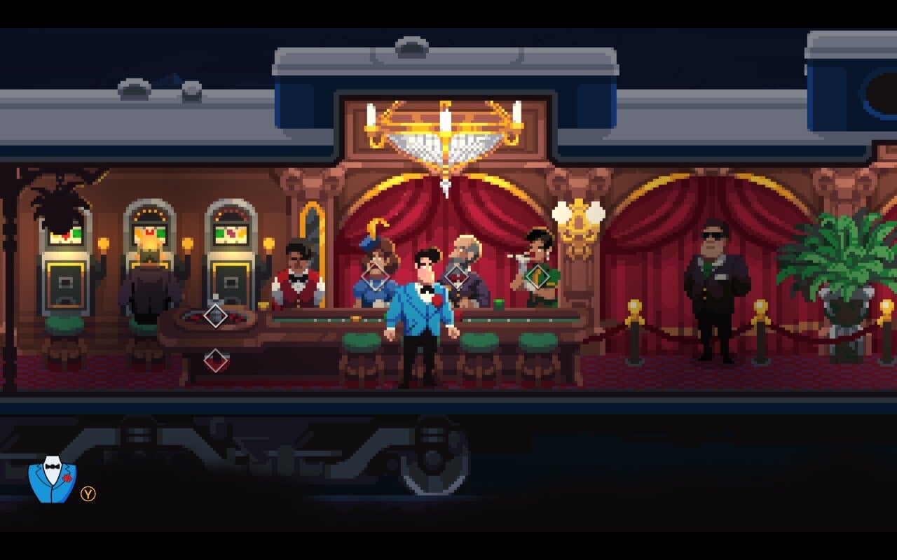 A man walks through a casino carriage in Loco Motive.