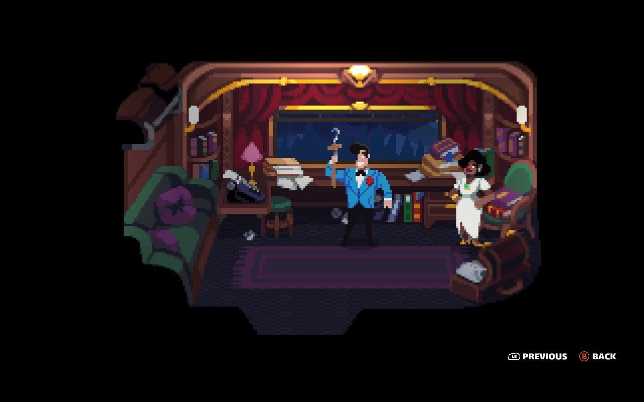 A man holds up a stick-like gadget in a train carriage in Loco Motive.