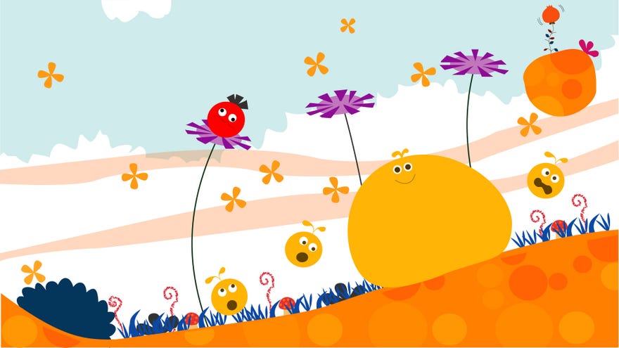 A screenshot from Loco Roco, showing a big yellow blob with eyes, three smaller yellow blob with eyes, anda  red blob with eyes atop one of three purple flowers.