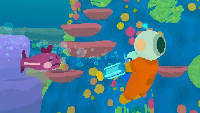 A diver swims through a coral reed followed by a loddle creature in Loddlenaut