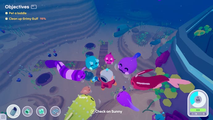 A diver is surrounded by different coloured loddles in Loddlenaut