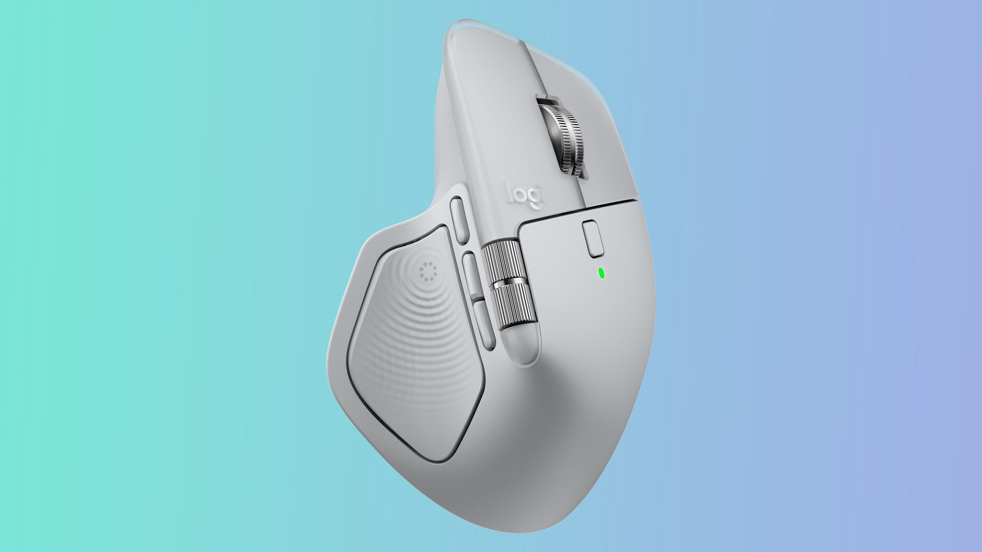 Logitech MX Master 4 mouse in pale grey on a gradient background