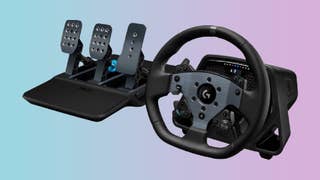 Logitech Pro Racing Wheel and Pedals on a gradient background