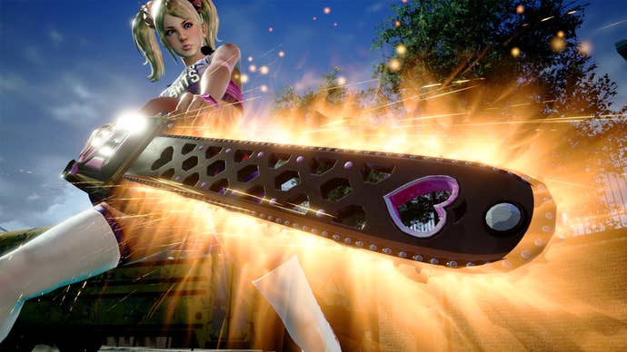 A still from Lollipop Chainsaw RePop showing Juliet wielding a chainsaw with a heart on it, it is glowing.