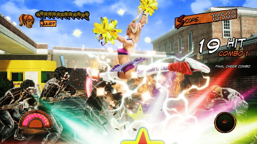 A cheerleader fights zombies with colourful damage effects in Lollipop Chainsaw RePop.