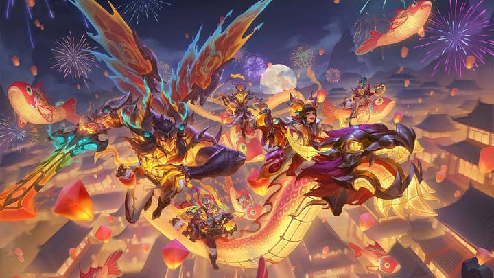 League of Legends promotional image for Lunar New Year celebration showing characters riding dragons, fireworks, and paper lanterns in the sky