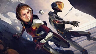 Lone Echo 2 artwork showing characters Captain Olivia Rhodes and android Echo One floating in space, asteroids visible behind them.