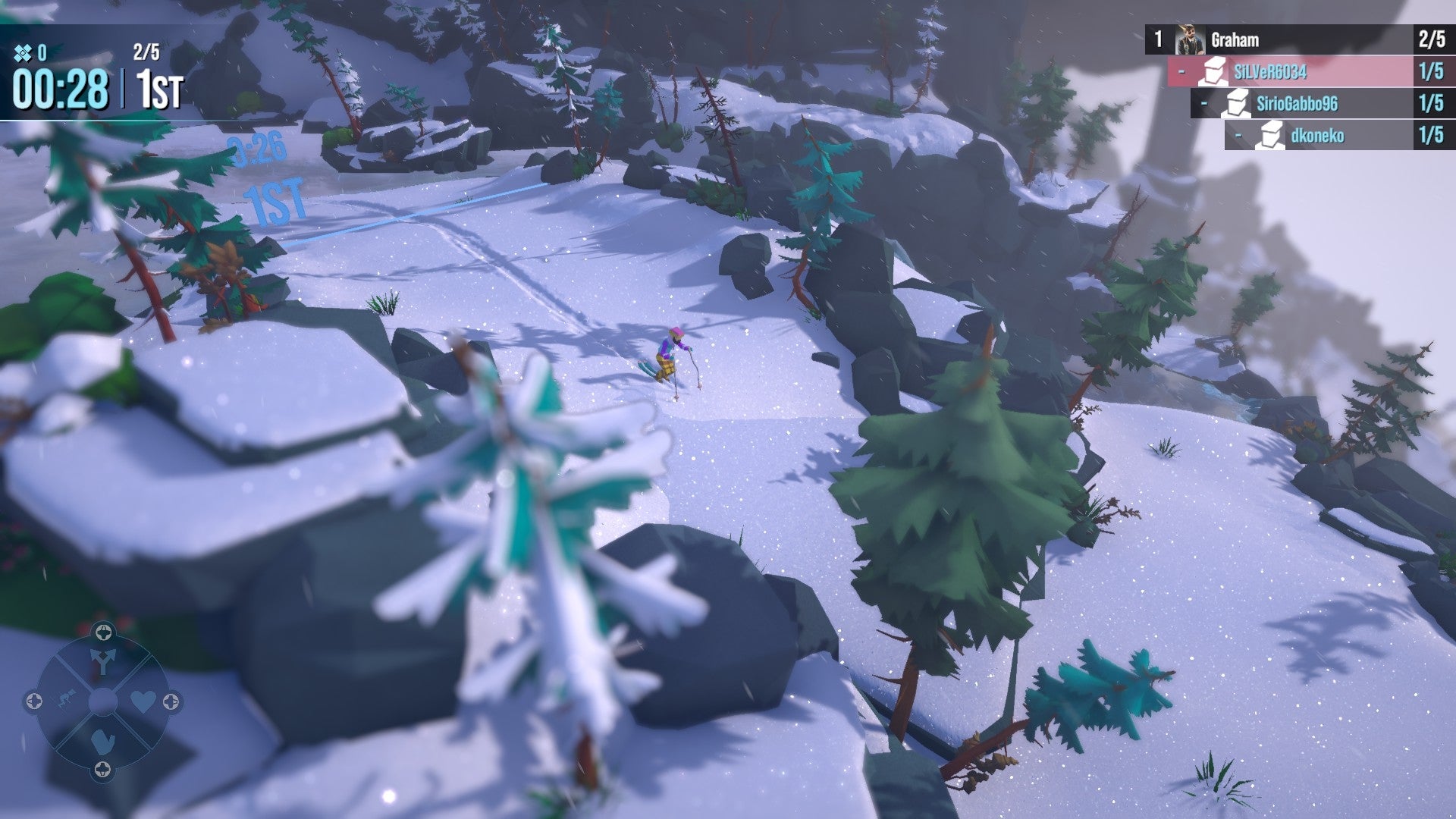 A rider skis through thick snow between some trees and rocks in Lonely Mountains: Snow Riders. - 5