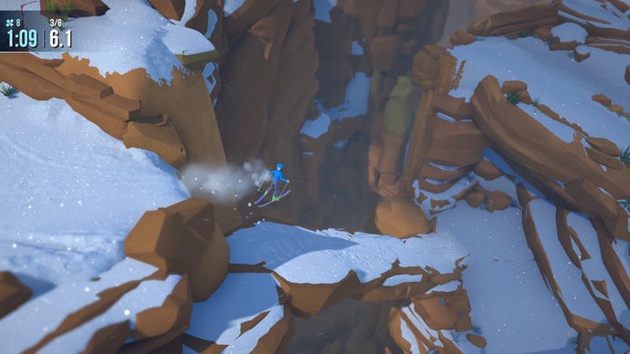 A skier leaps from a cliff edge onto a narrow decline in Lonely Mountains: Snow Riders.