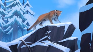 Concept art for The Long Dark's DLC enemy, showing a cougar stood menacingly on a snow-covered rocky outcrop.