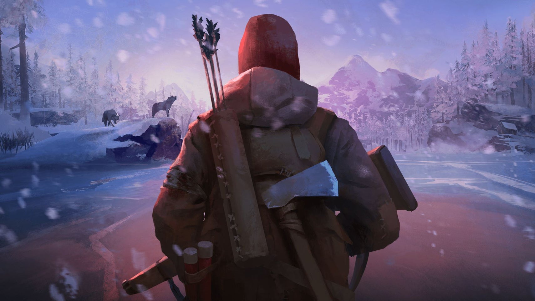 We see the back of a heavily winter-dressed character who's carrying a hatchet axe, arrows, a gun, a backpack and wearing a puffy coat and winter hat. They are prepared for the snowy wilderness we see in front of them, complete with a wolf howling on a ledge of rock.