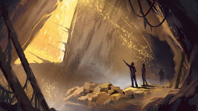 Artwork for unnamed Longdue game, showing figures in a golden-lit cavern