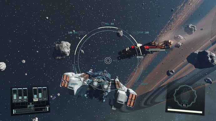 A space battle in Starfield, with one ship bringing cannons to bear on another’s flank.