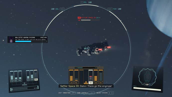 A targeting mode screen in Starfield, with the player preparing to fire on a ship’s vital systems.