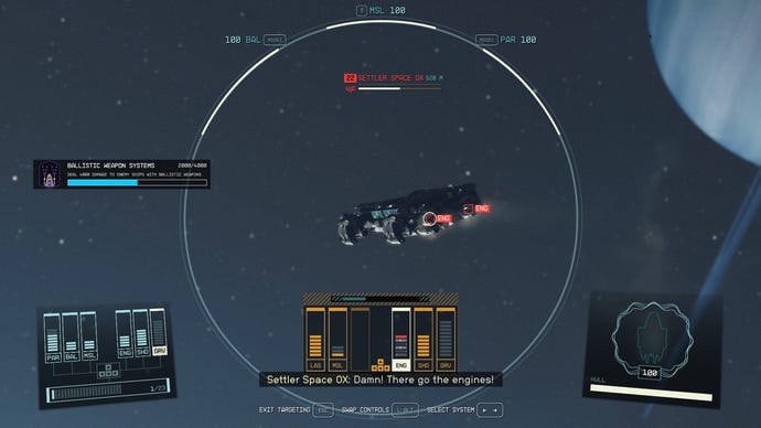 A targeting mode screen in Starfield, with the player preparing to fire on a ship’s vital systems.