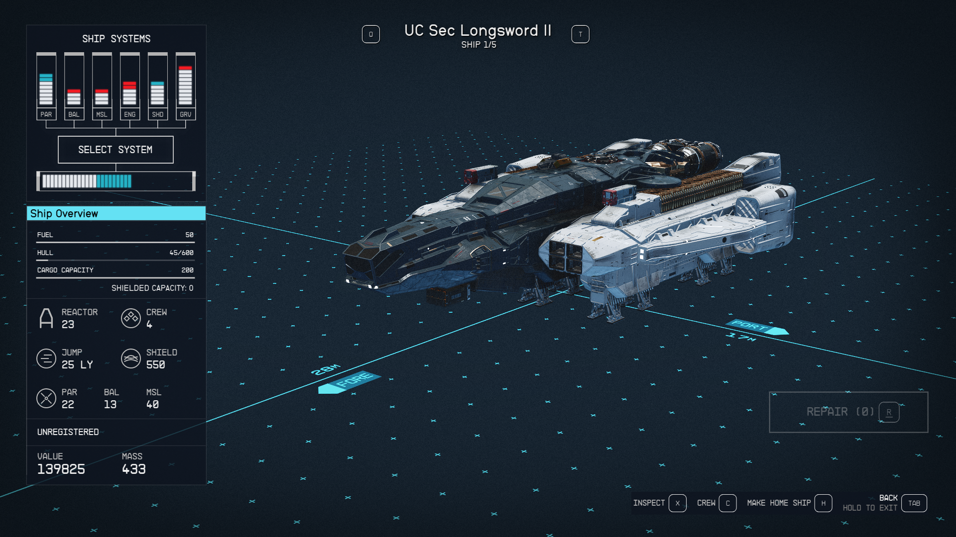 A hangar view of a spaceship in Starfield.