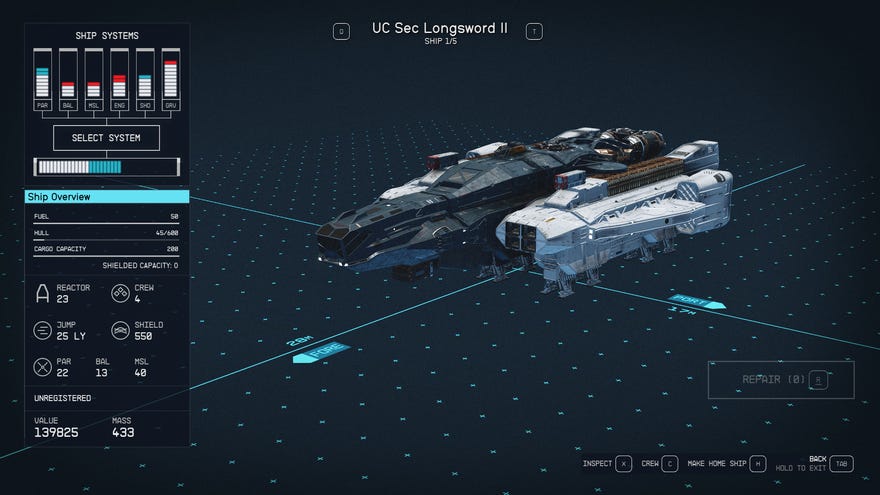 A hangar view of a spaceship in Starfield.