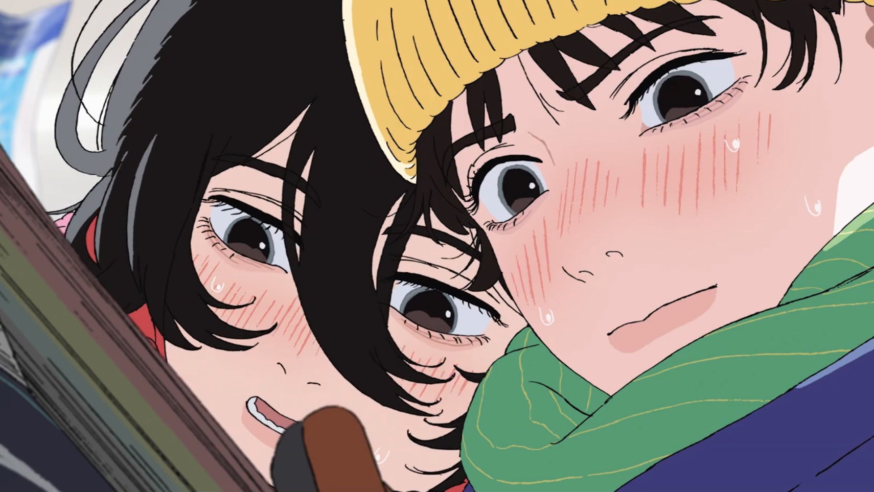 A close-up of Kyomoto and Fujino, two girls wearing winter outfits, in Look Back. - 1