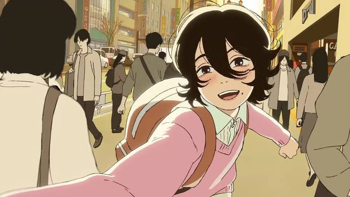 A young girl wearing a pink sweater being pulled along by someone offscreen through a crowded street, smiling, in Look Back.