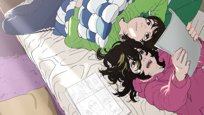 Two young girls are laying down on a bed looking at manga storyboards in key art from Look Back.