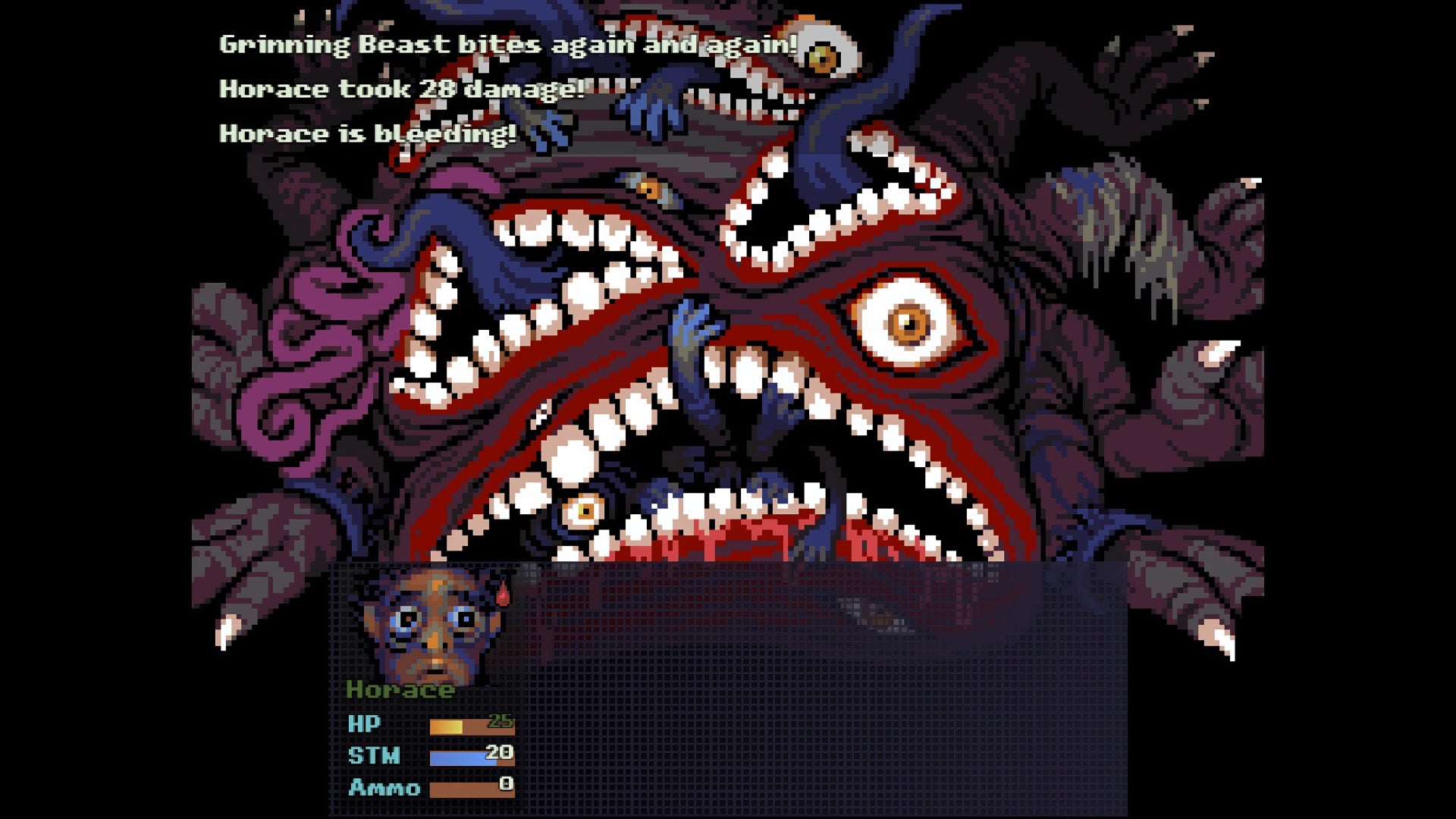 A screenshot from Look Outside, showing the player facing off against the Grinning Beast boss. - 3