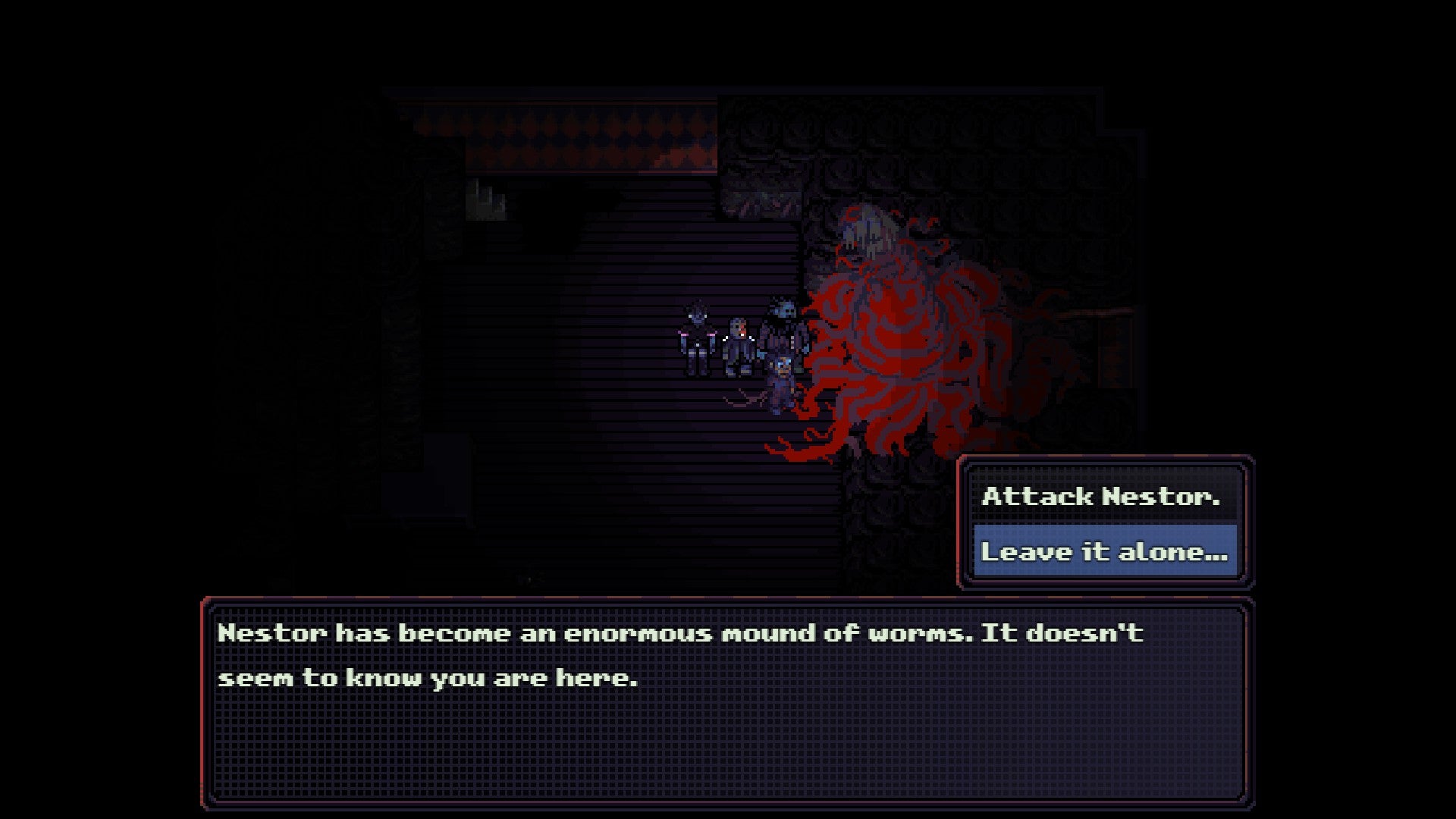 A screenshot from Look Outside, showing the player interacting with Nestor after he's been transformed by Rafta the pipe parasite. - 4